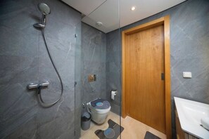Shower, hair dryer, bidet, towels