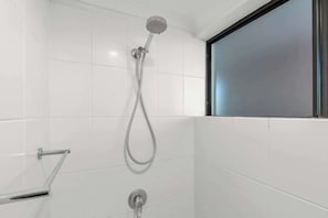 Shower, hair dryer, shampoo