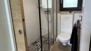 Un baño con ducha envuelta en vidrio, un inodoro y un lavabo.
