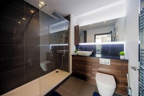 Shower, hair dryer, towels, soap