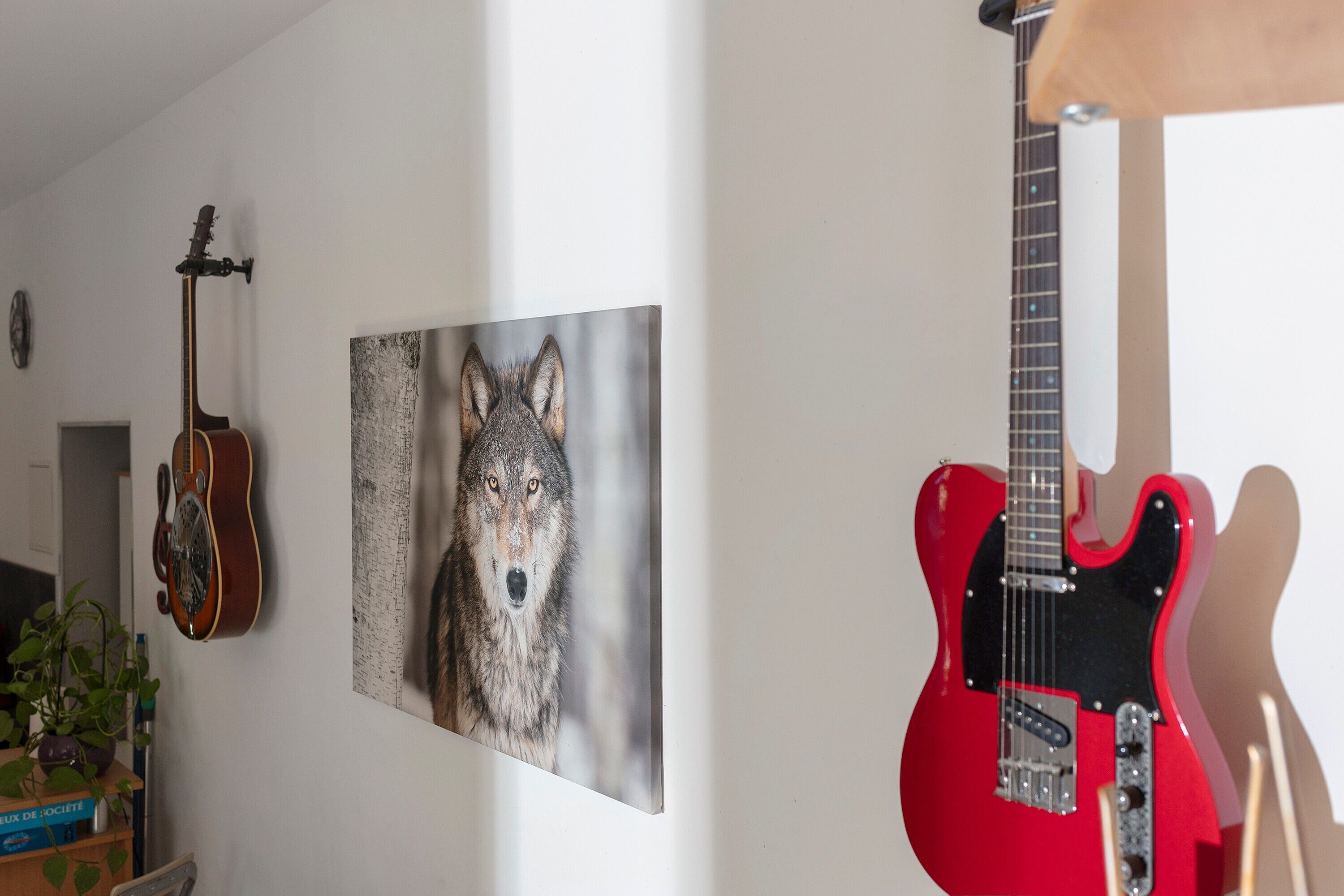 Una habitación con una guitarra, un cuadro con la imagen de un lobo y una guitarra eléctrica roja.