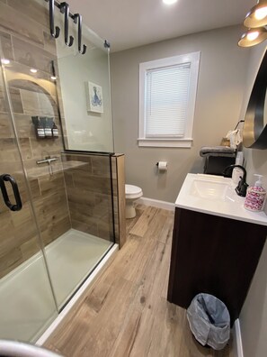 Shower, eco-friendly toiletries, hair dryer, towels
