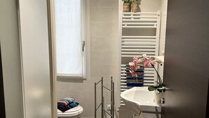 Ein kleines Badezimmer mit Toilette, einem weißen Waschbecken und einem Handtuchhalter.