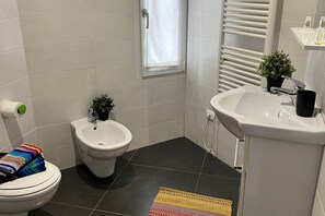 Douche, bidet, serviettes fournies, shampoing