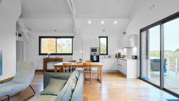 Televisio, takka, DVD-soitin, pöytätennispöytä