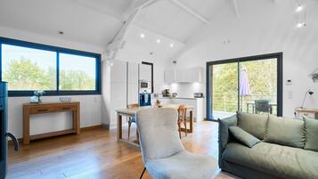 Televisie, een open haard, een dvd-speler en een tafeltennistafel