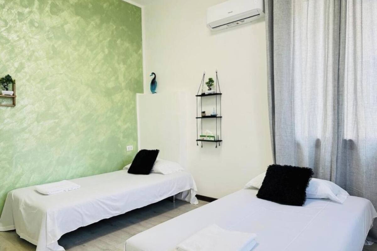 A hotel room with two beds, a green accent wall, a small shelf with plants, and an air conditioning unit.