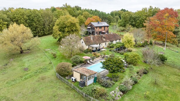 Une grande maison avec une piscine, entourée d’une cour clôturée et d’arbres.