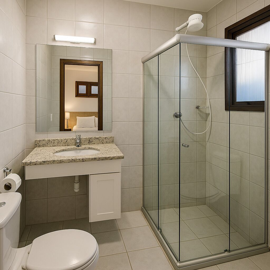 Apartamento família (5 pessoas) | Banheiro | Chuveiro, toalhas de banho, sabonete, papel higiênico