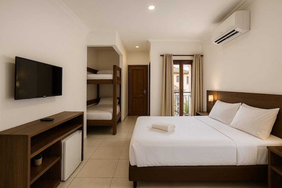 Een hotelkamer met een bed, televisie, houten bureau en stapelbedden.