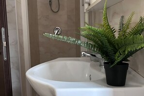 Douche, bidet, serviettes fournies, shampoing