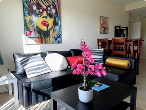 Modern Coral Gables Apartment with View | Living area | 42-inch LED TV with digital channels