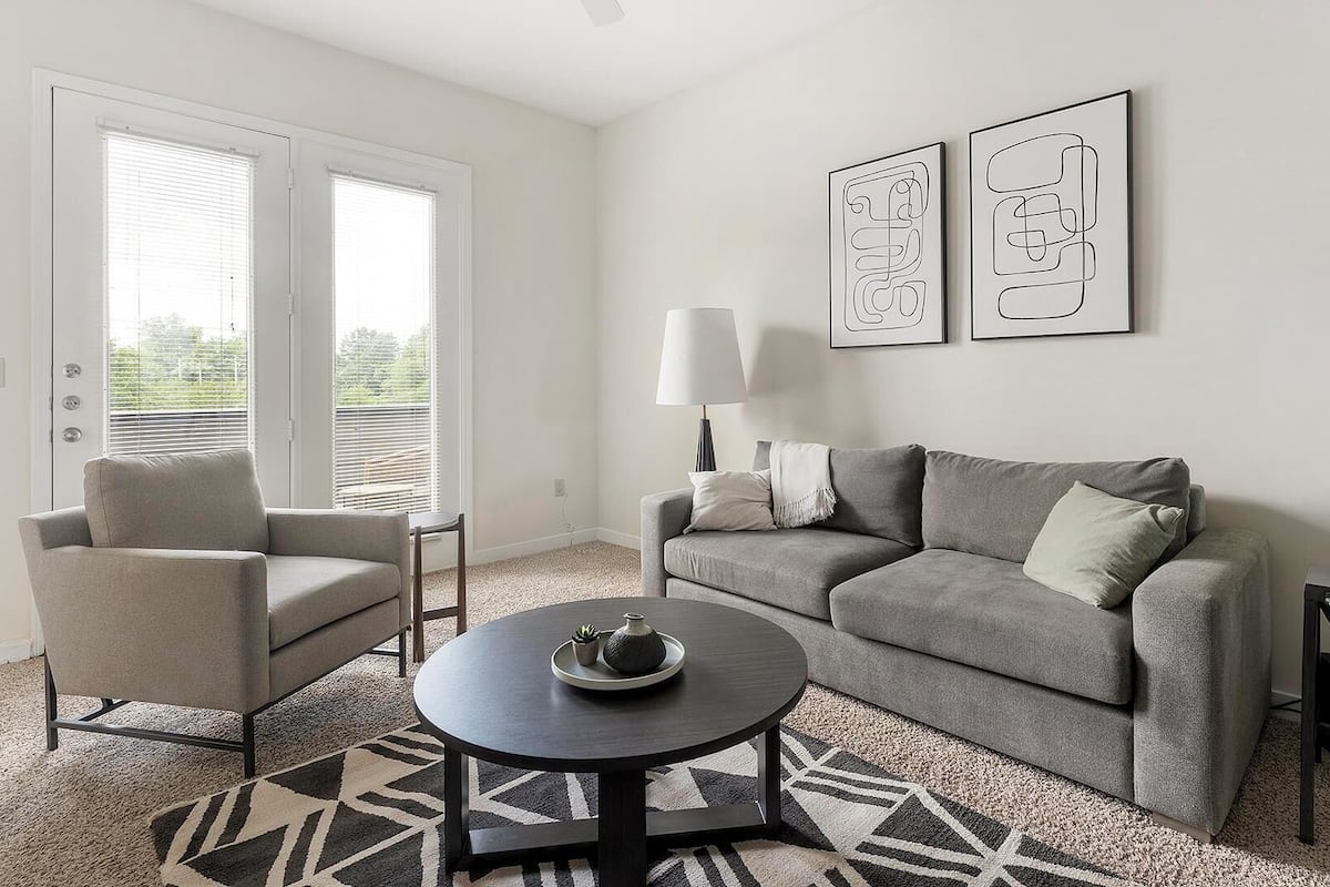 A living room with a grey sofa, a round coffee table, and a patterned rug. There are two abstract paintings on the wall and a lamp on a side table.