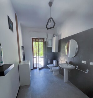 Hair dryer, bidet, towels, soap