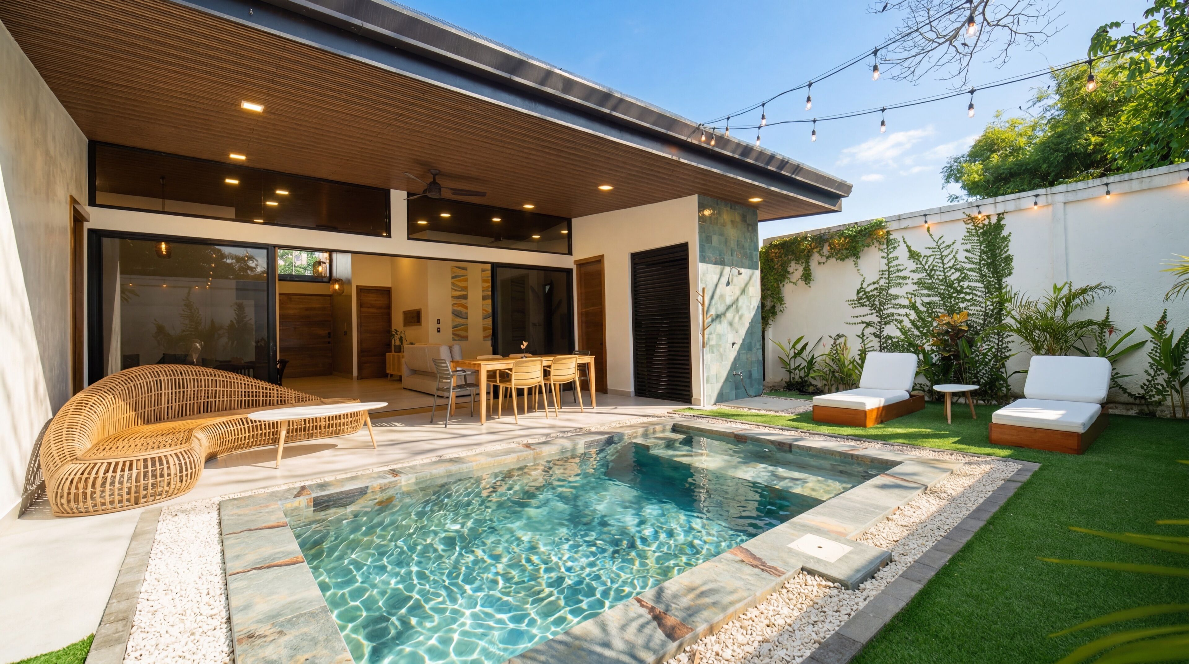 A modern outdoor pool area with a dining set and lounge chairs.