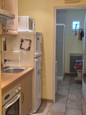 A compact kitchen with a refrigerator, stove, and microwave. - Gite 15 mn from Beauval zoo (Meusnes)