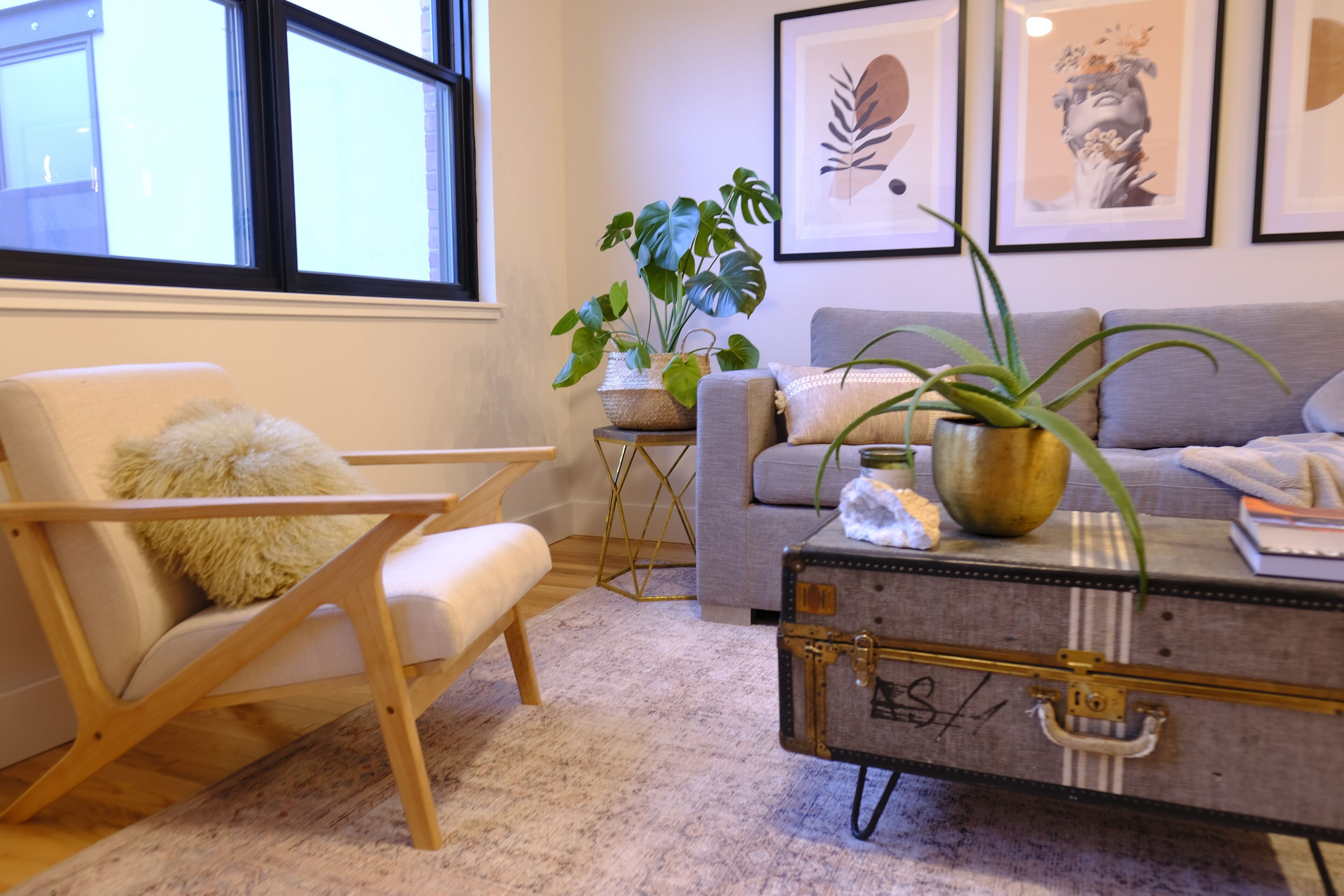 A cozy living room with a light-colored sofa, a wooden chair with a fluffy pillow, a vintage suitcase coffee table, and a large plant.