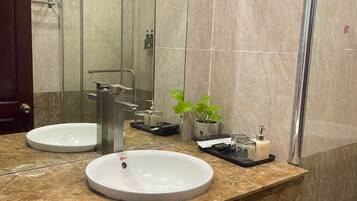 A bathroom with two sinks, a shower, and a mirror.