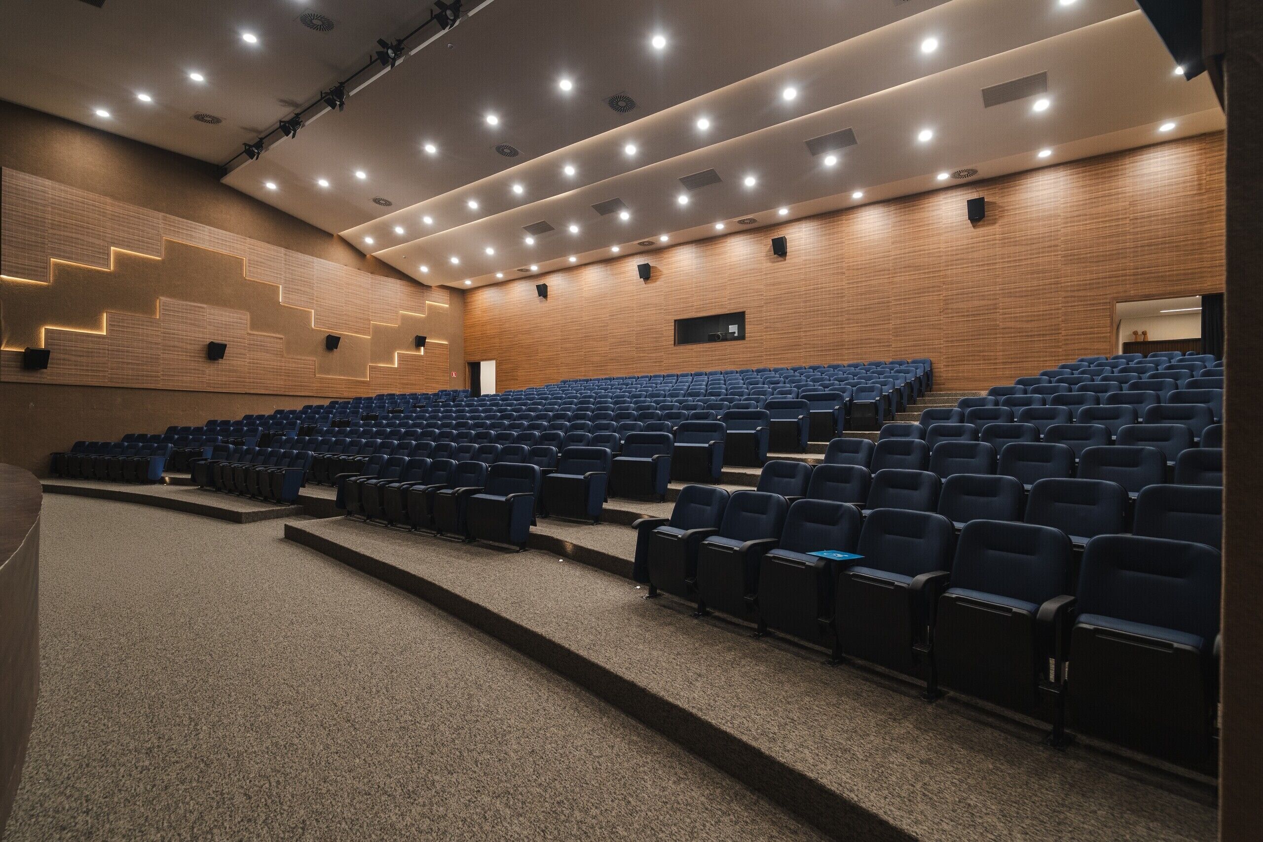 An indoor auditorium with tiered seating, a wooden wall, and recessed lighting.