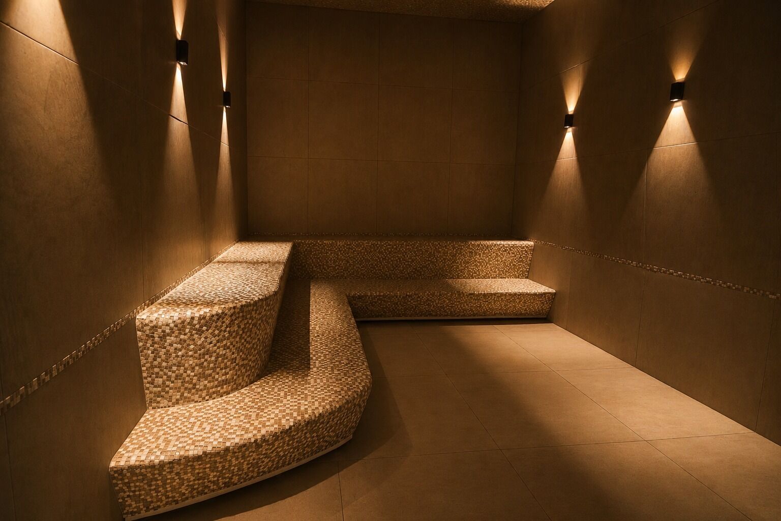Uma área de spa com um banco curvo e iluminação embutida na parede.