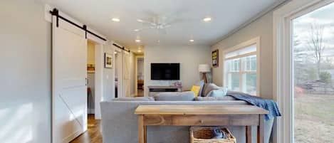 Smart TV, fireplace, books