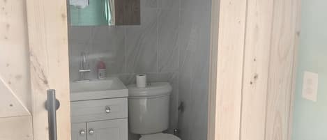 Regadera, toallas, jabón, papel de baño
