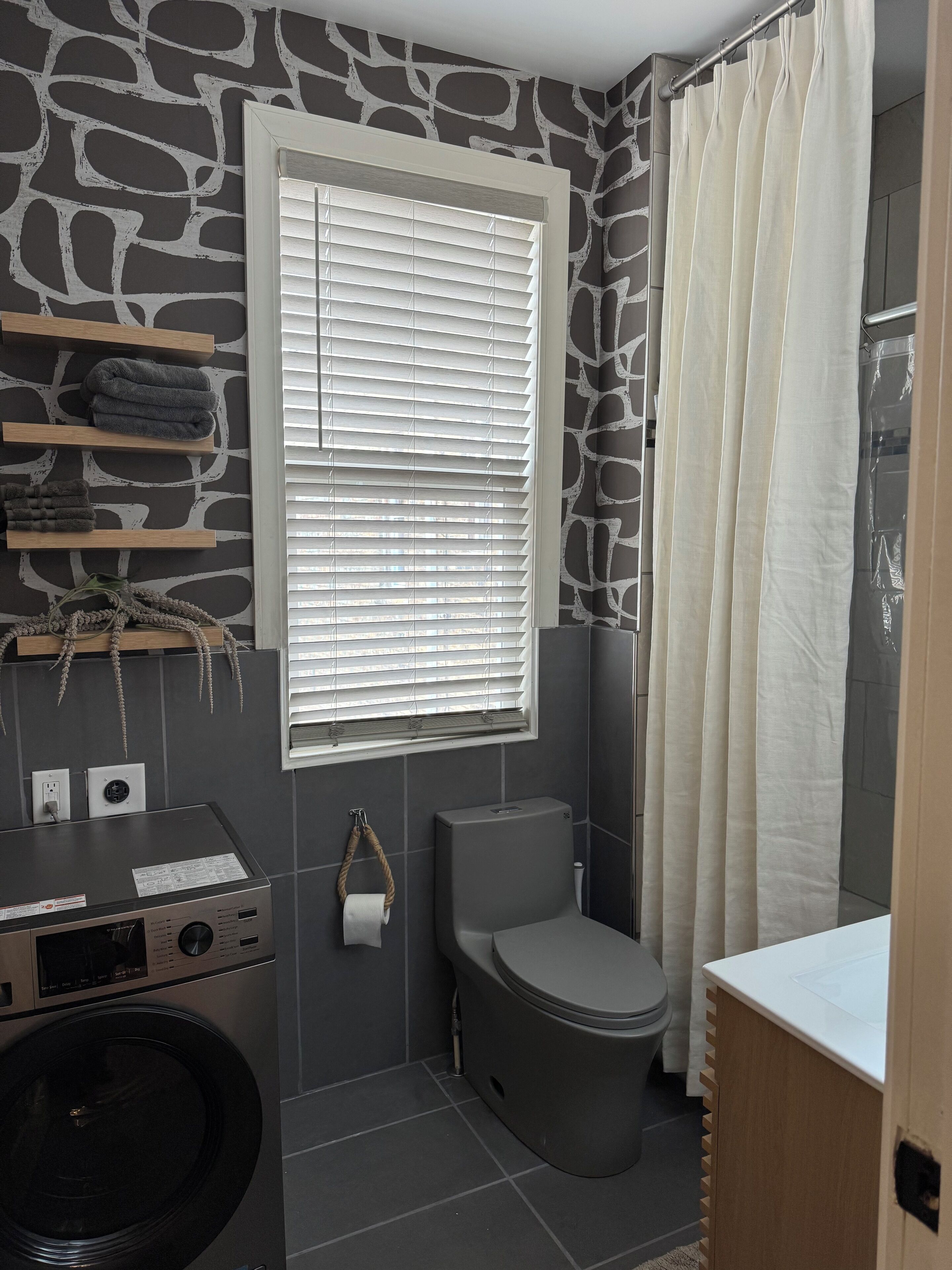 Hair dryer, towels, soap, toilet paper