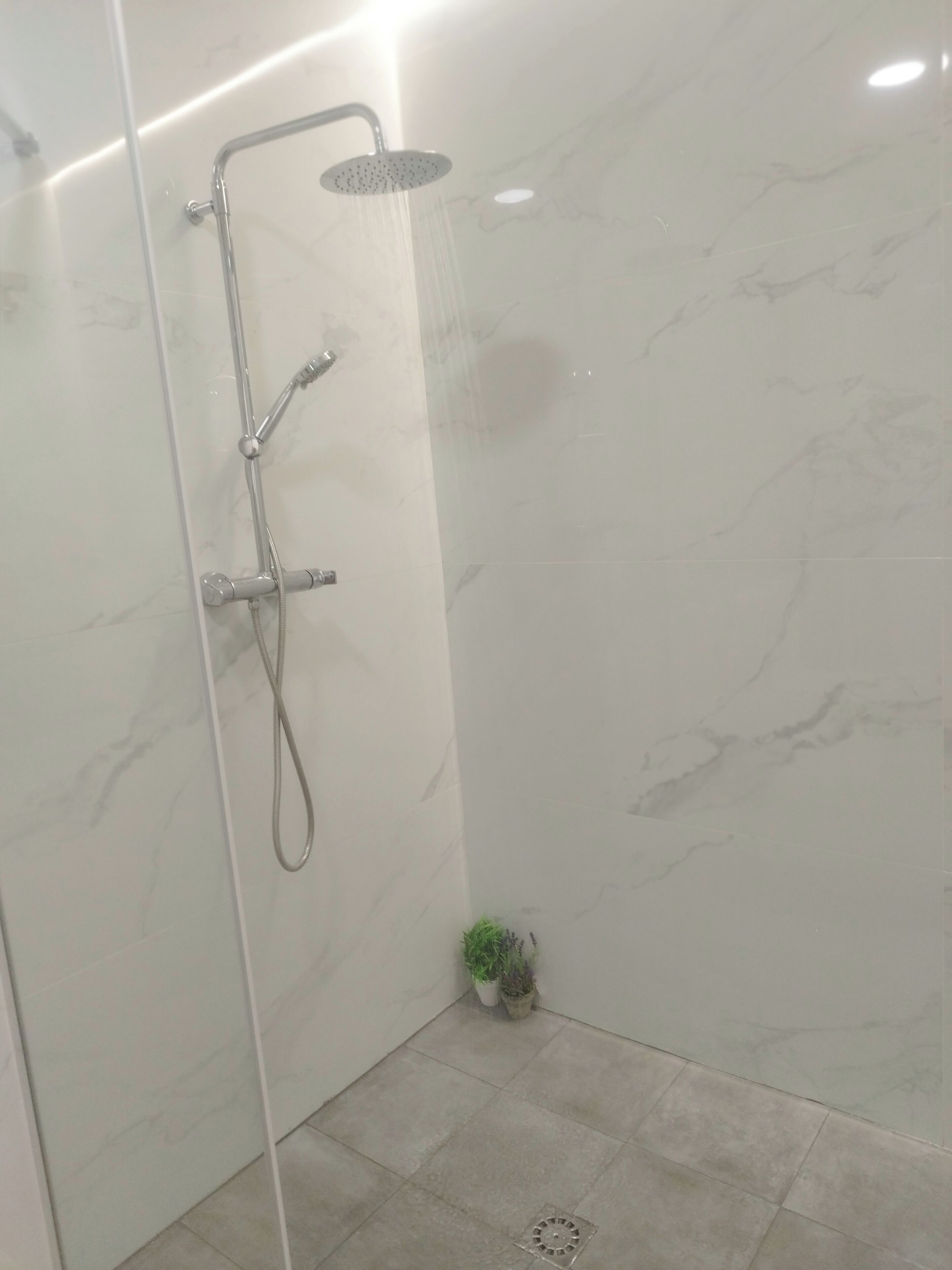 Un área de ducha con paredes de vidrio, un cabezal de ducha fijo, un cabezal de ducha de mano y una manguera de ducha.