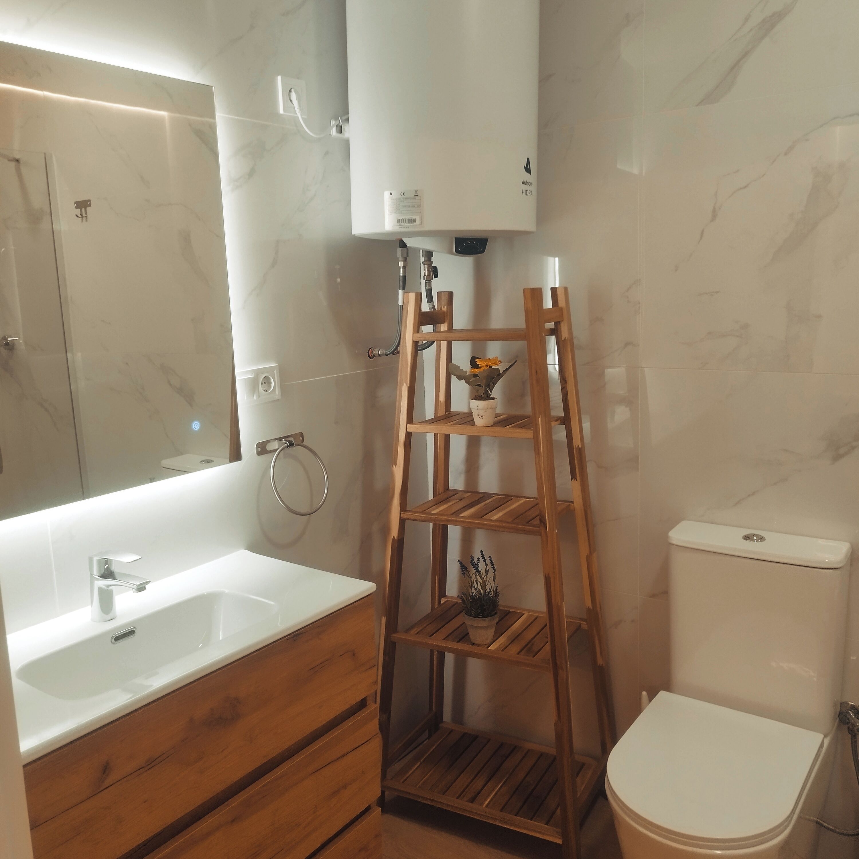 Un baño con tocador de madera, espejo, inodoro y estante con plantas.