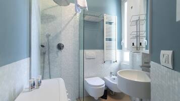 Shower, hair dryer, bidet, towels
