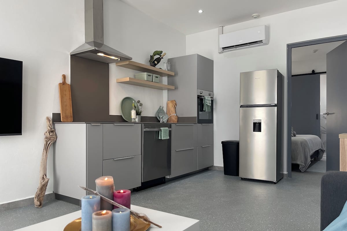 Full-sized fridge, oven, stovetop, dishwasher