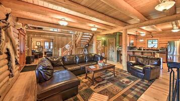 TV, fireplace, books, stereo