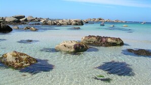 A beach with clear turquoise water, large rocks, and a boat in the distance.