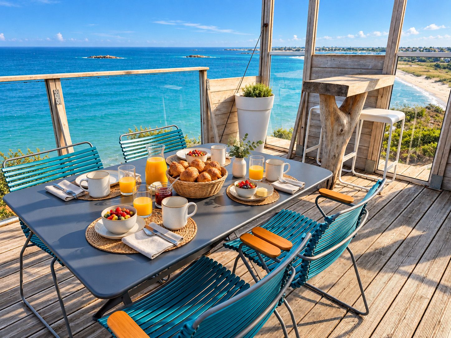 An outdoor dining area with a table set for breakfast, overlooking a beach and ocean.