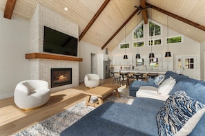 Smart TV, fireplace, video games, foosball