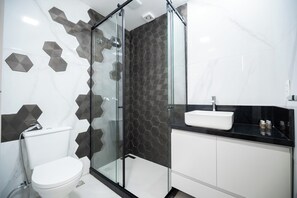 Hair dryer, towels, soap, toilet paper
