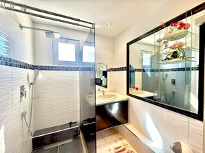 Shower, hair dryer, towels