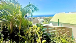 Un jardin tropical agrémenté de palmiers, offrant une vue sur l’océan et le paysage urbain.