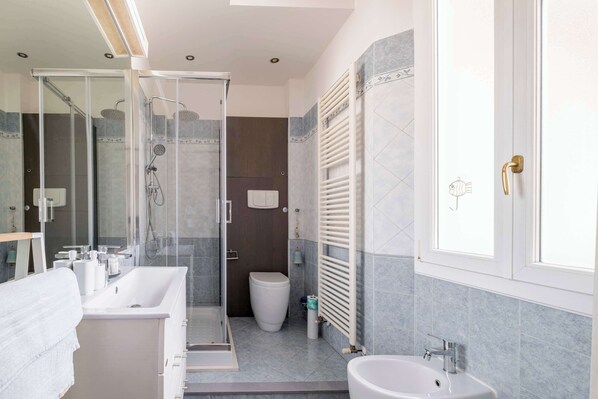 Une salle de bain moderne avec une douche à parois de verre, un grand lavabo blanc et des toilettes.