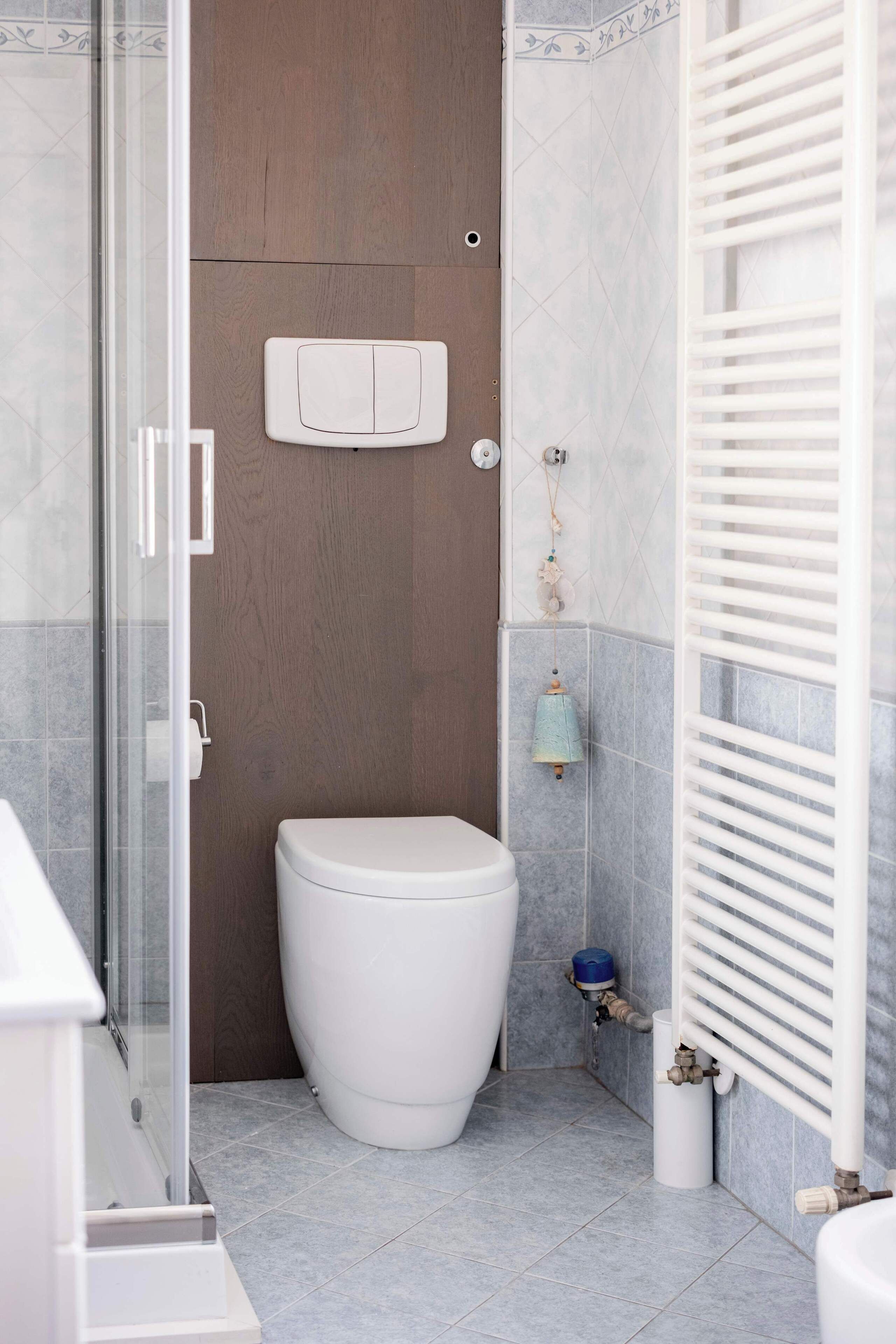 Een moderne badkamer met toilet, douche en een radiator.