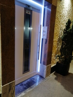 An elevator with a glass door, a wheelchair accessibility sign, and a potted plant beside it. - Apartment (Graz)