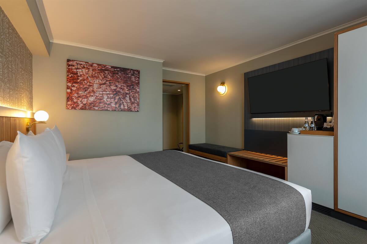 Habitación de hotel con una cama grande, un escritorio, un televisor de pantalla plana y un cuadro en la pared.