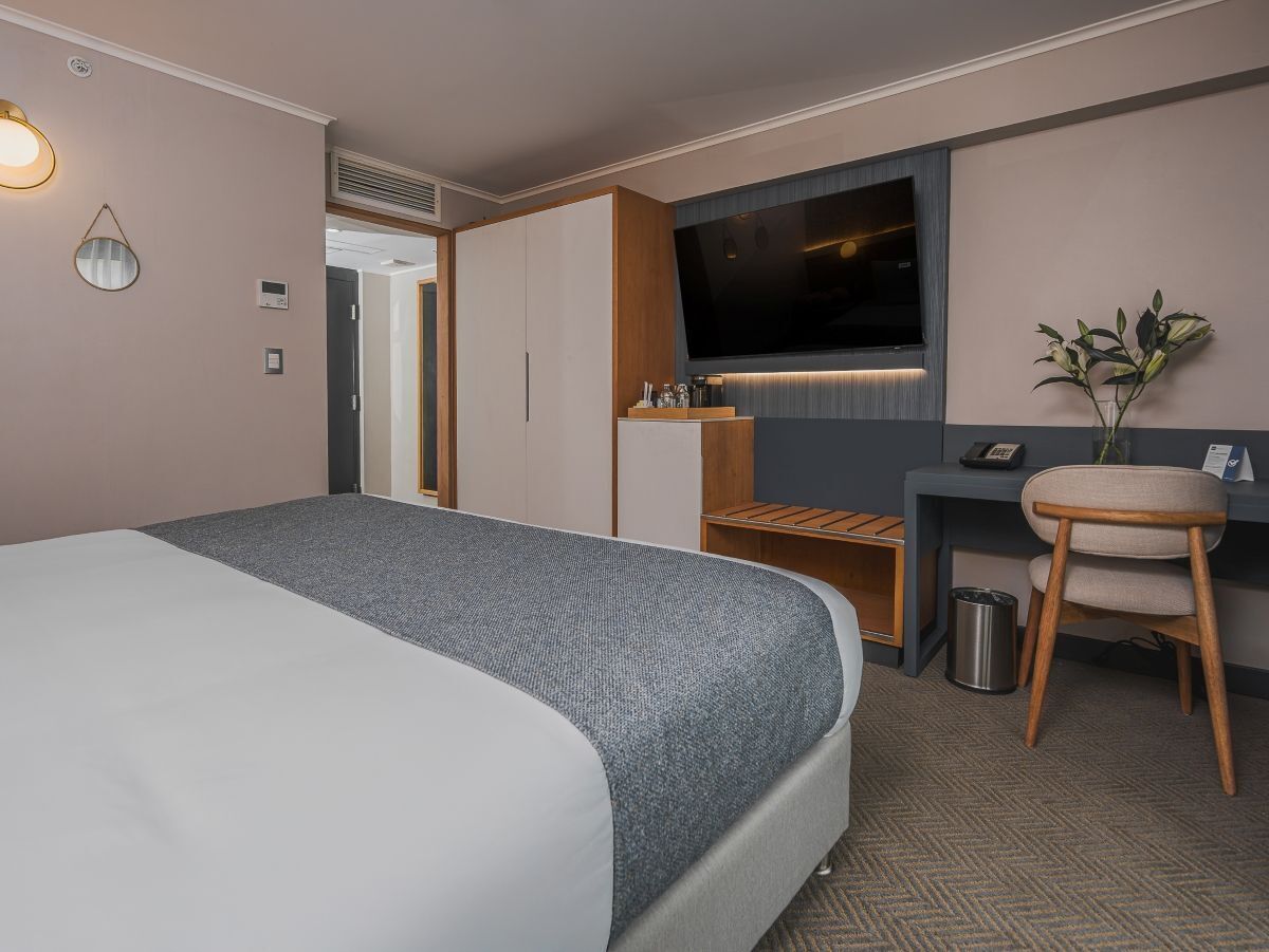 A hotel room with a large bed, a desk with a chair, a television, and a plant.