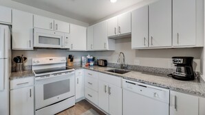 Una cocina moderna con armarios blancos, microondas integrado, estufa y lavavajillas.