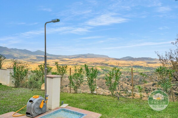 A swimming pool with a hose and a street lamp, surrounded by greenery and a view of distant hills.