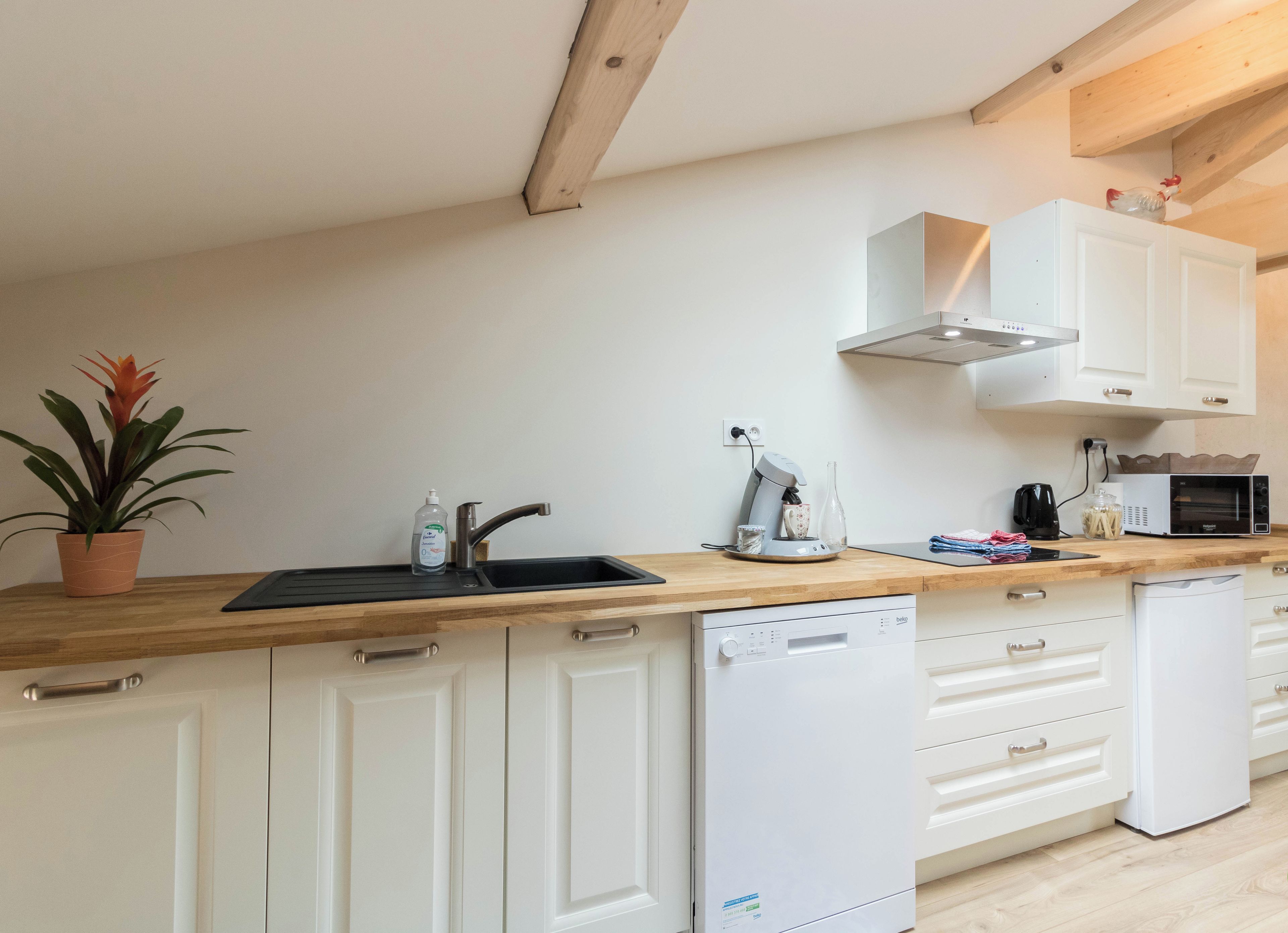 A modern kitchen with white cabinets, a wooden countertop, a dishwasher, a microwave, and a potted plant.