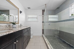 Shower, hair dryer, towels, soap