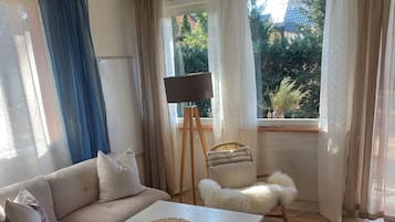 TV, fireplace, books, stereo