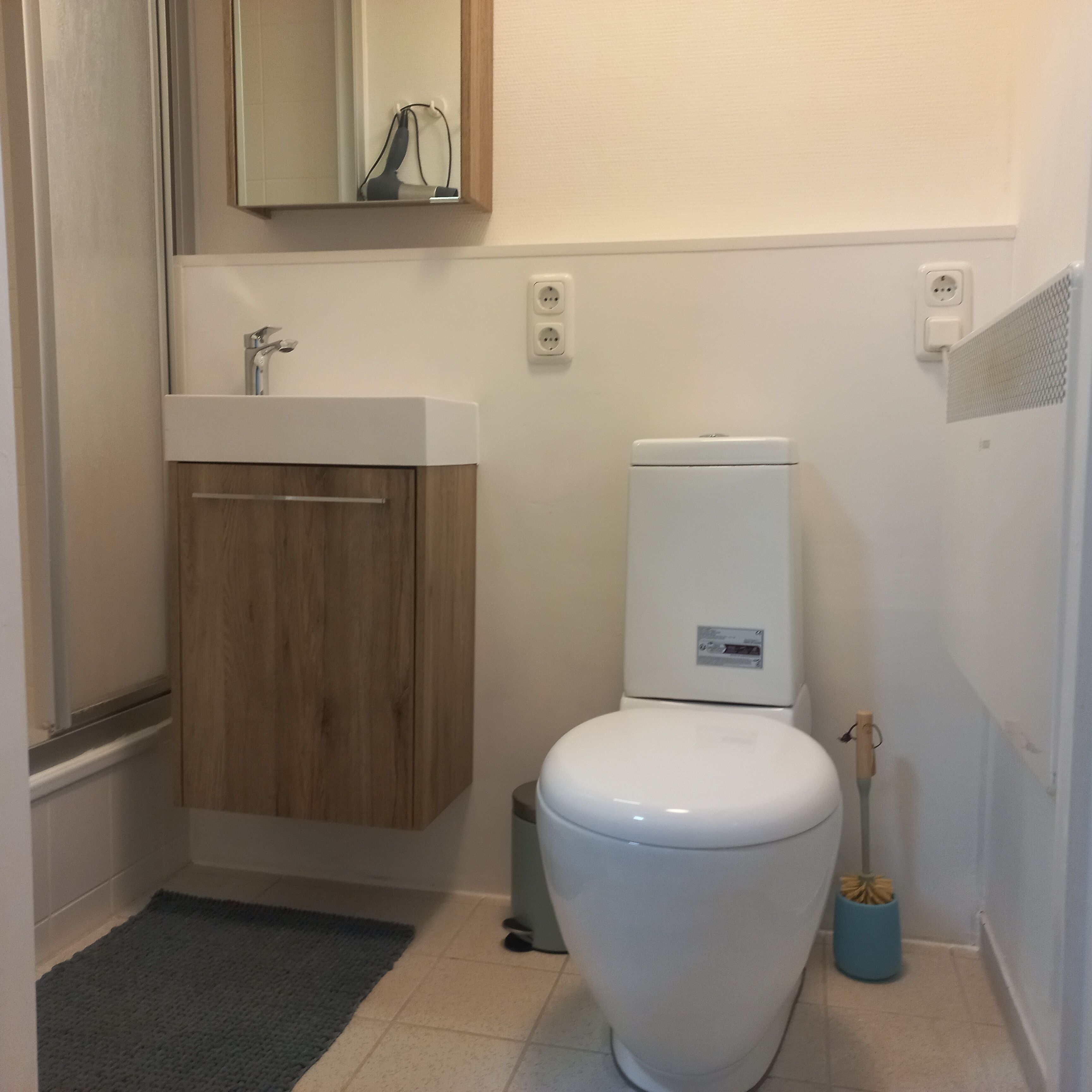A small bathroom with a white toilet, a wooden cabinet, a sink, and a mirror above the cabinet.