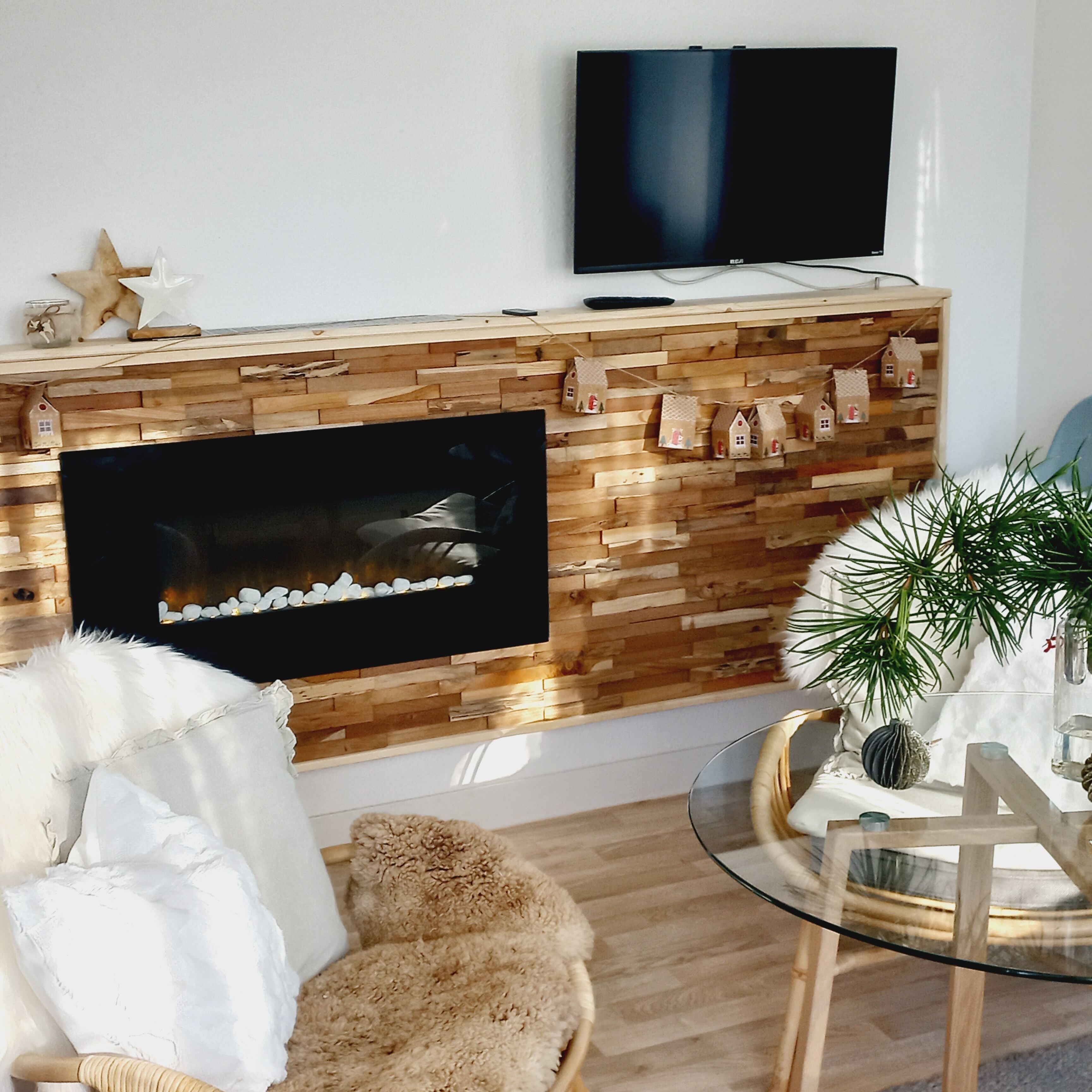 Televisio, takka, kirjoja, stereot